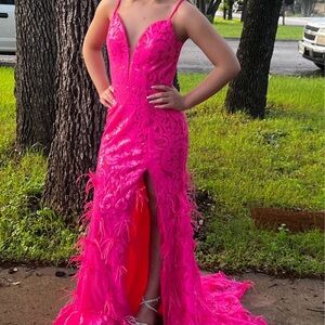 Vibrant Pink Feathered Prom Dress